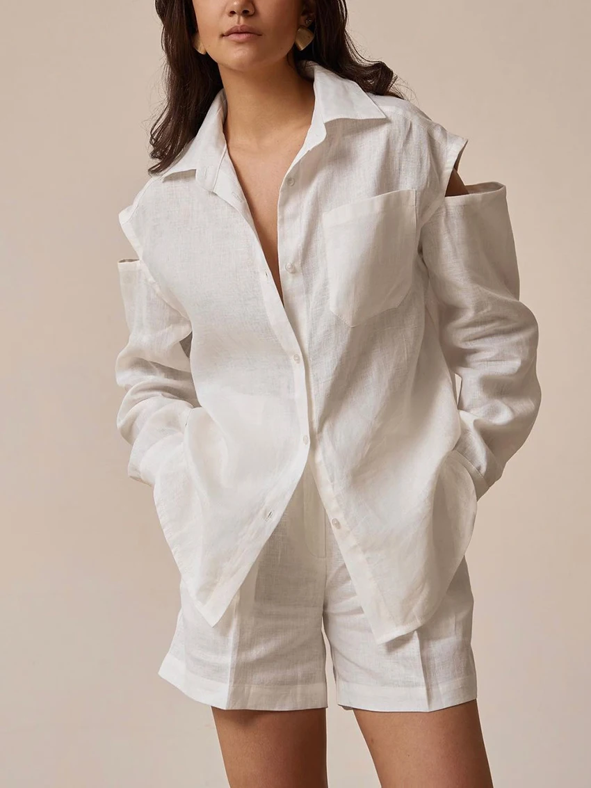 Marthaqiqi Cotton Ladies Pajama Set Turn-Down Collar Sleepwear Long Sleeve Nightwear Shorts Casual Female Nightgown 2 Piece Suit