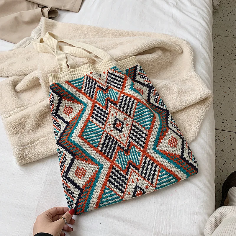 Lady Knitting Gypsy Bohemian Boho Chic Aztec Tote Bag Women Crochet Woolen Open Shopper Top-handle Bag 2021Female Daily Handbag 