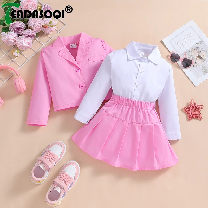 

3-7 Years Old Fall Kids Girls Casual Suit Jacket Long Sleeve Single Breasted Shirt Pure Pleated Skirt Lapel A-line Band Skirt