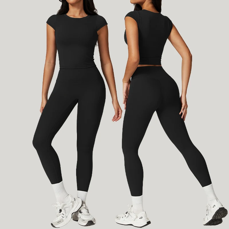 Beauty Back Tight Yoga Clothing Set Women Small Fly Sleeve Short Sleeve Quick Dry High Waist Hip Lift Running Fitness Sports Set yoga set sports set sportswear set fitness set