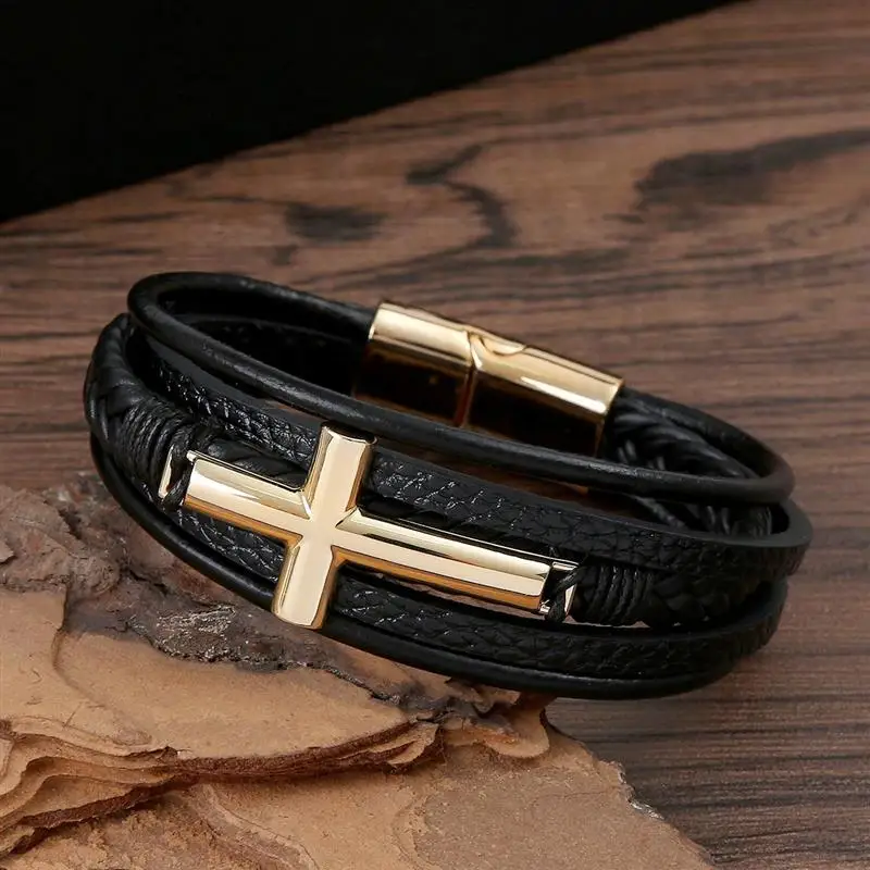 Men's Multicolor Cross Design Leather Bracelet with Classic Metal Clasp - Stylish Gift