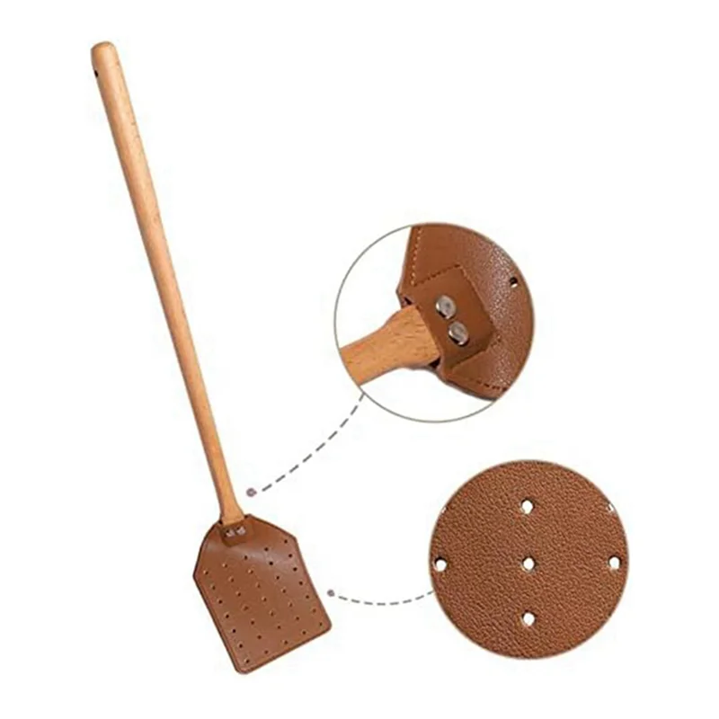 Y17A 2X PU Leather Fly Swatter Heavy Duty Manual Fly Swatter With Wood Handle,Durable Leather For Indoor Outdoor