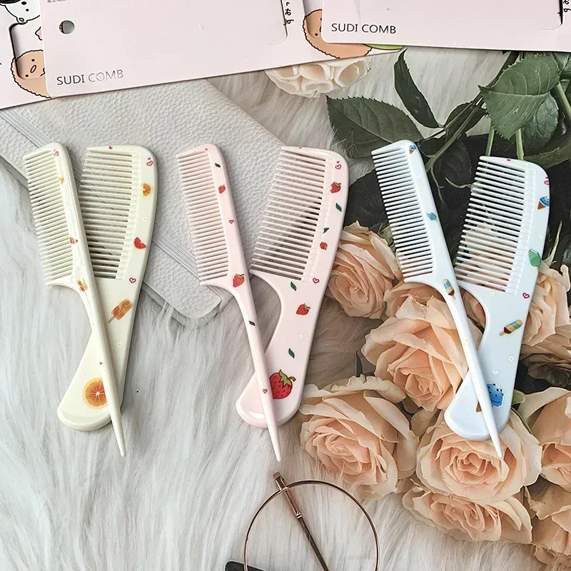 2pcs/set Cute Cartoon Kid Baby Hairbrush Comb Anti-static Pointed Tail Hairdressing Comb for Girls Strawberry Fruit Hair Brushes