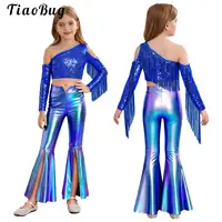 Metallic 70S Disco Vintage Hippie Costume Outfits for Kids Girl One Sleeve Sequins Crop Top and Bell Bottom Pants Jazz Dancewear 1