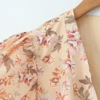 2024 Sexy Flower Print V Collar Corset Style Mini Dress Short Puff Sleeve Women Low Waist Ruched Pleated Contrast Color Hem Robe - Image 4