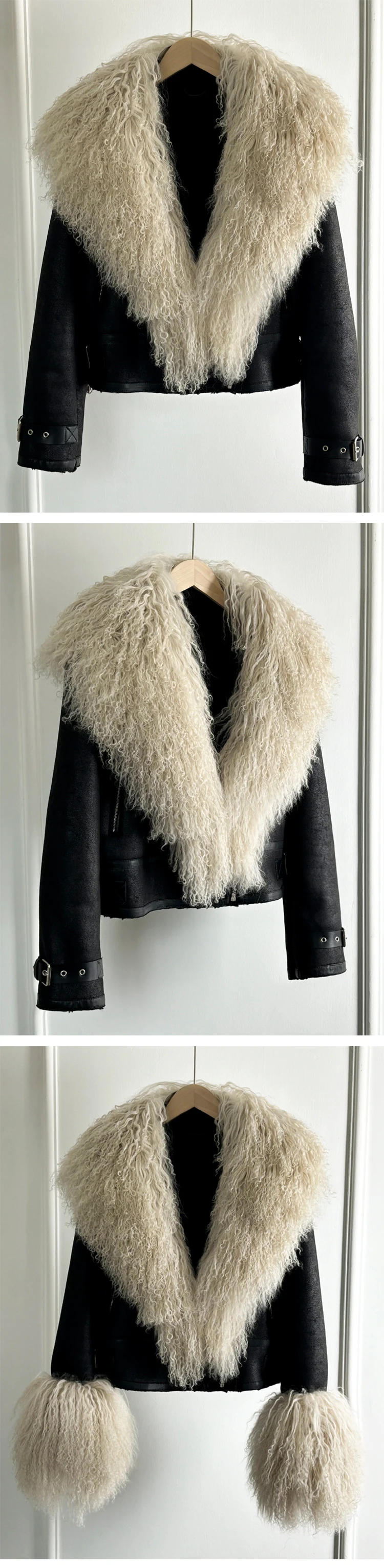 2024 New Winter Warm Mongolia Sheep Fur Collar Faux Leather Jacket Women Warm Suede Lamb Loose Fit Pu Leather Short Casual Coat