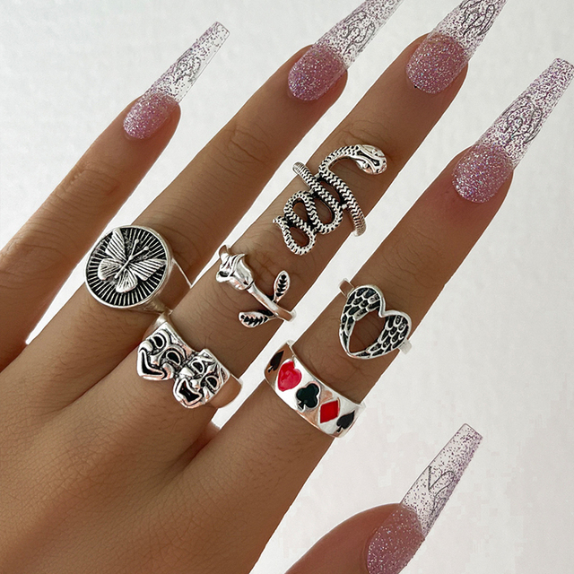 Punk Metal Multi Element Ring Set For Women Men Antique Silver Butterfly Snake Skull Finger Rings Gothic Jewelry Gift