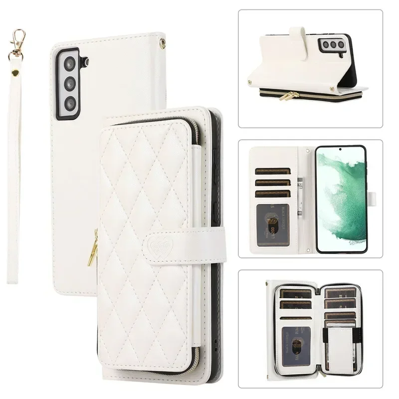 Crossbody Lanyard Zip Leather Wallet Phone Case with Wrist Strap and Flip Cover