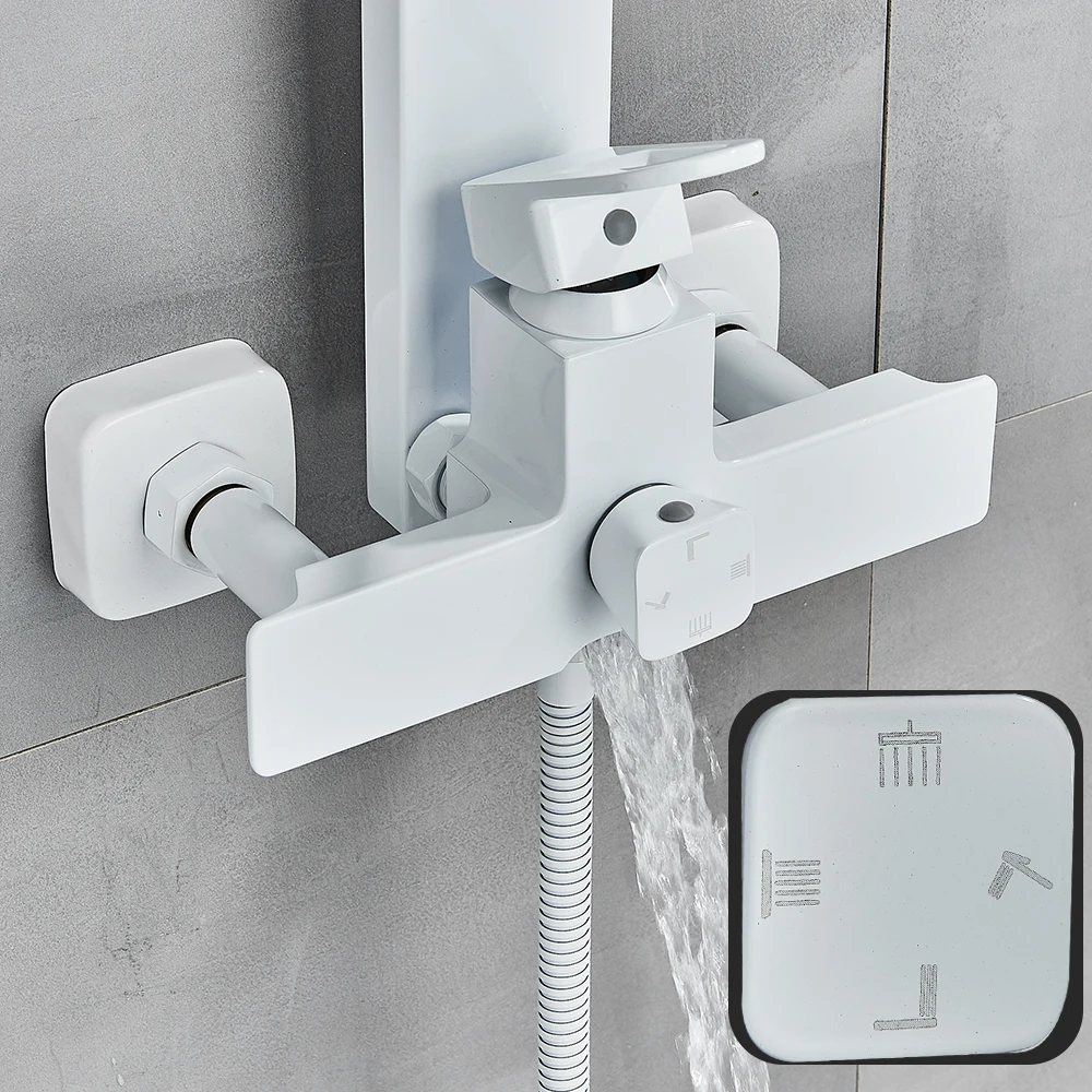 White Bathroom Faucet Rainfall Shower Column Wall Mount Back Spa Bath Mixer Shower System Shower Bracket
