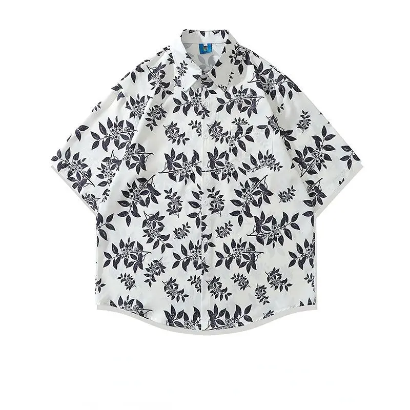 

Broken Flowers Full Print Short Sleeved Shirt Men Loose Versatile Couple Casual Shirts for Summer