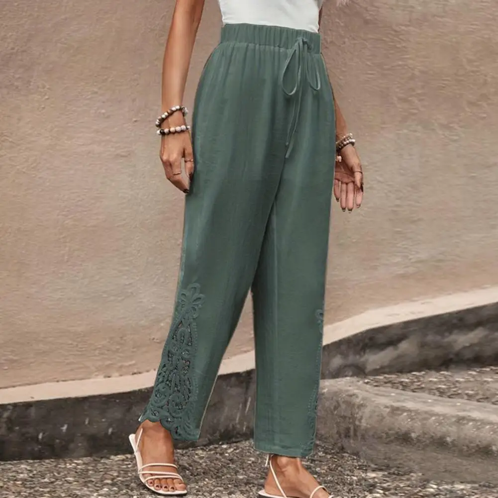 

Women Solid Color Pants Stylish Women's Wide Leg Trousers with Embroidery Lace Detailing Elastic Waist Solid Color for Everyday