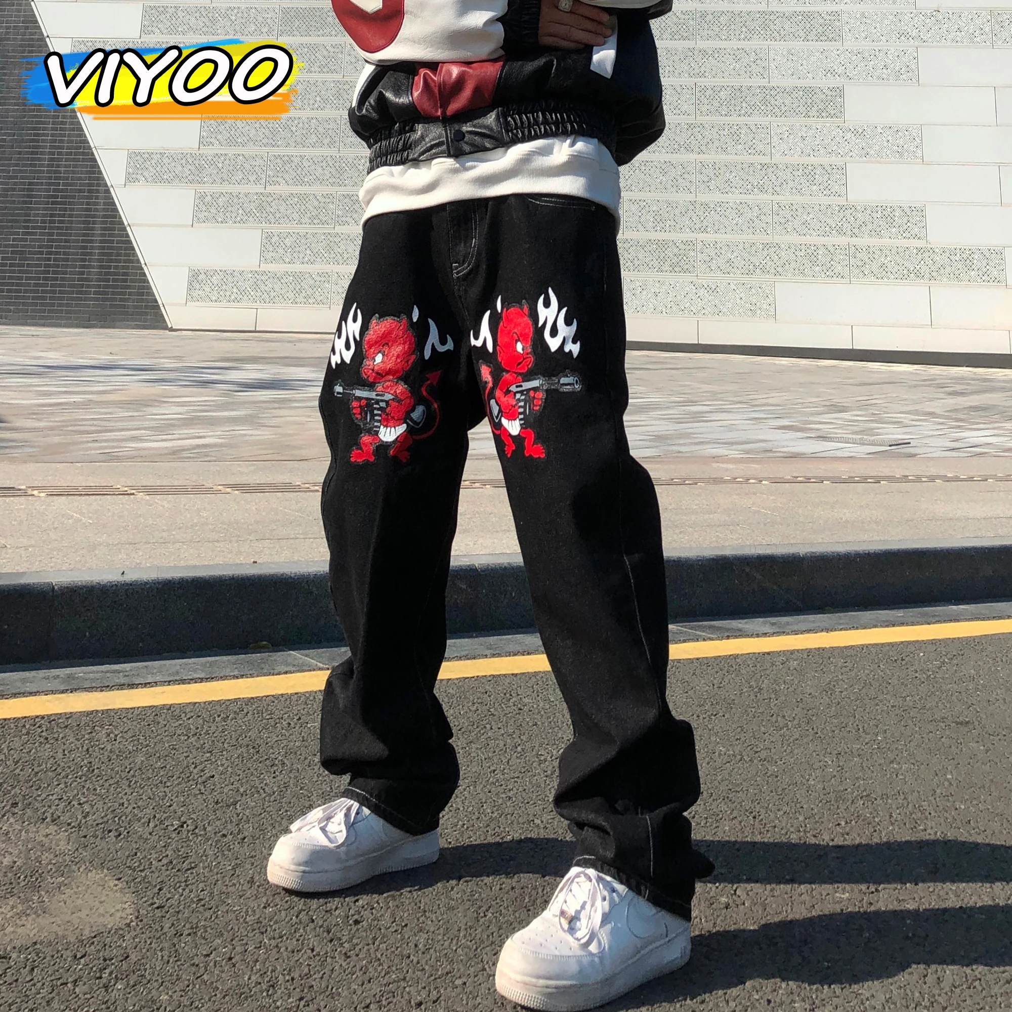 

Men's Jeans Devil Printed High Street Vintage Y2K Clothes Black Baggy Jeans Straight Trousers Streetwear Wide Leg Pants Men