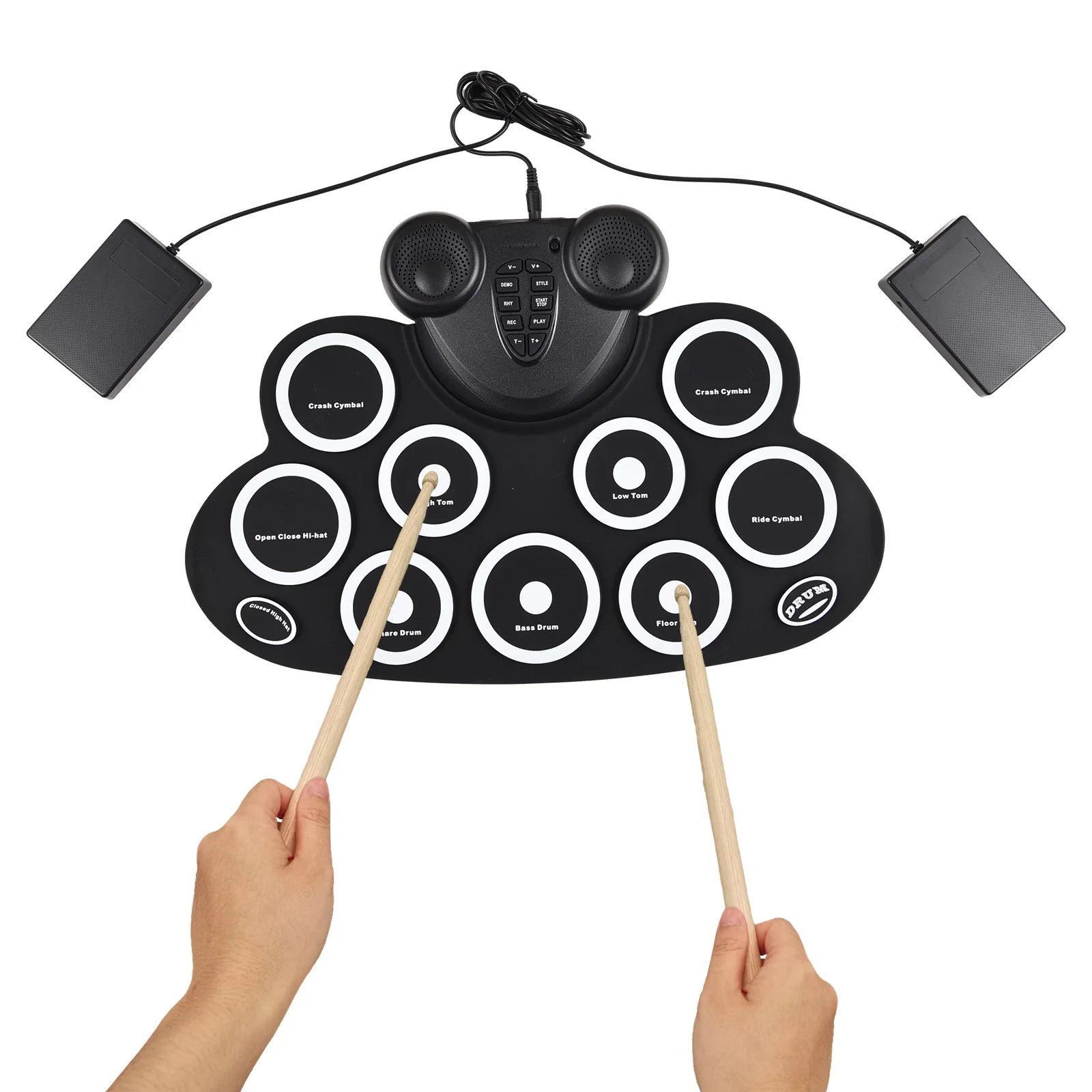 Electronic Drum Set Hand Roll Drum Set with Drumsticks Foot Pedal 9 Pads Dual Speaker Rechargeable Practice Pad Kit