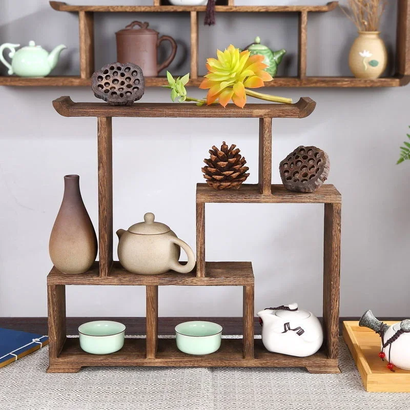 Compact Solid Wood Tea Set Organizer Mini Blog Rack Chinese Tabletop Display Spice Holder Kitchen Shelf 4