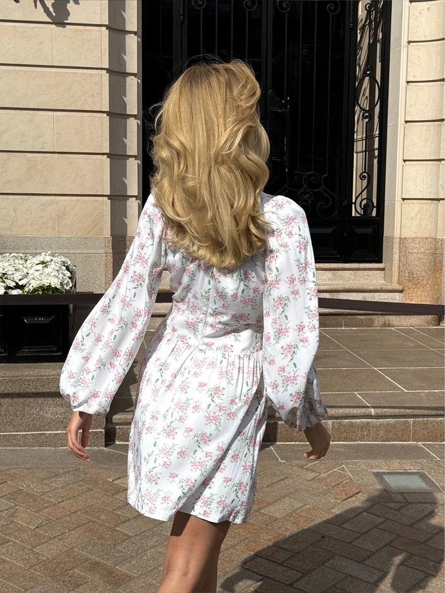 Bornladies Printed Long Sleeved Short Dress Women's Summer New Iantern Sleeve Fashionable Office Lady Waist Cinching Dresses