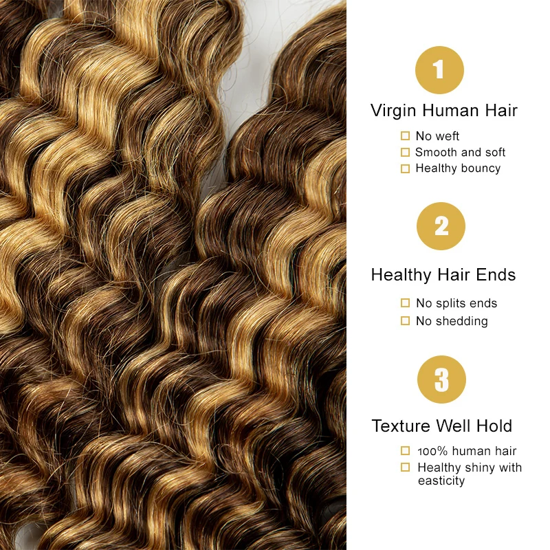 Highlight Deep Wave Human Hair Bulk Honey Brown Ombre Virgin Hair No Weft Natural Hair Extension For Braiding