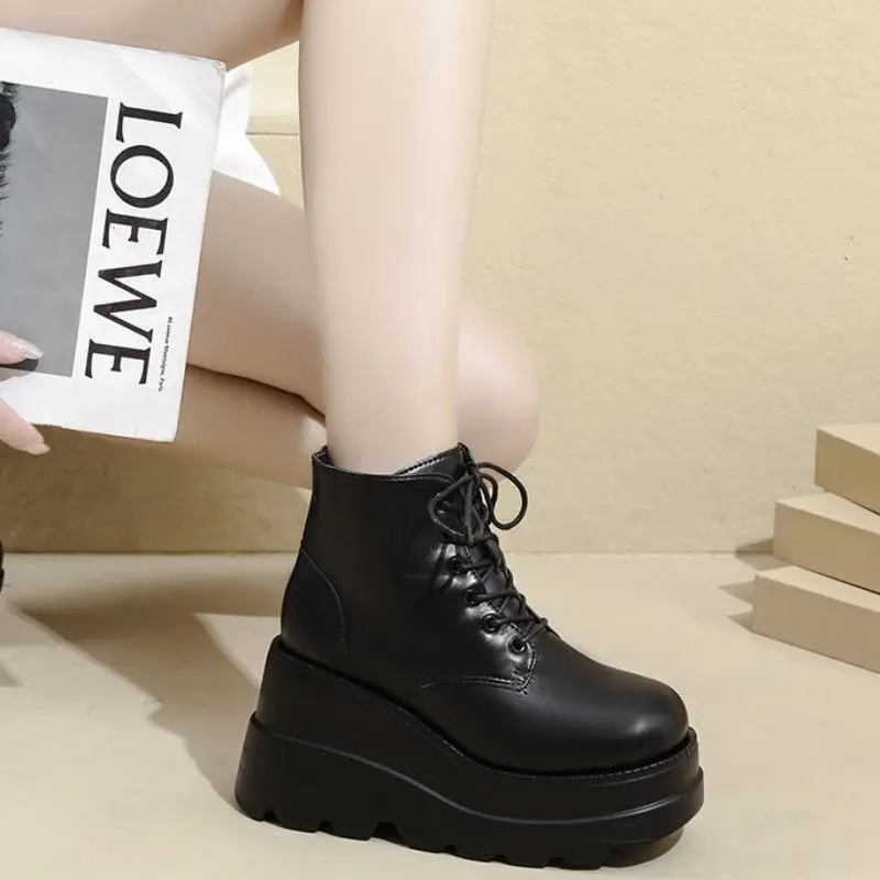 Women's 20cm Short  Boots Padded Heel High Heel Fall Winter Fashion Boots round Toe Rubber Outsole Waterproof PU Leather - 4