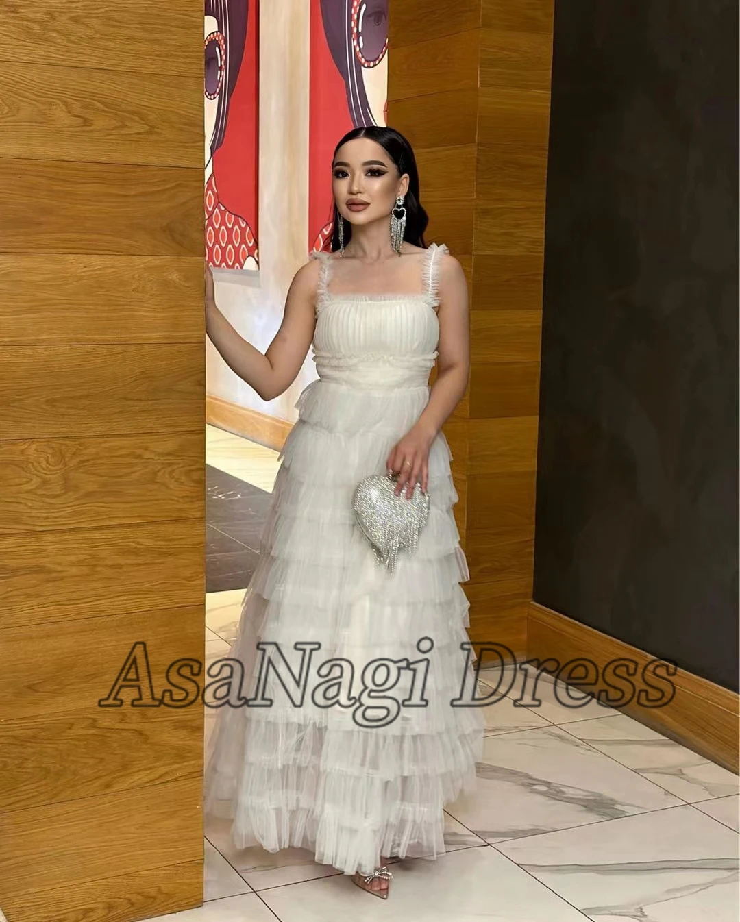 

AsaNagi White Tulle Prom Dress Spaghetti A-line Ruffles Floor-Length Formal Occasion Gown Dresses For Women Party Wedding 2023