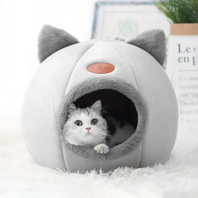 Lit pour chat semi-fermé et confortable, style niche-caverne, idéal pour les petits chiens et chats._voghion.com