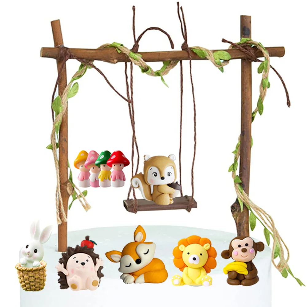 Woodland Jungle Animal Raccoon Monkey Hedgehog Rabbit Fox Cake Decor Swing Mushroom Forest Tree Fence Birthday Cake Topper Decor