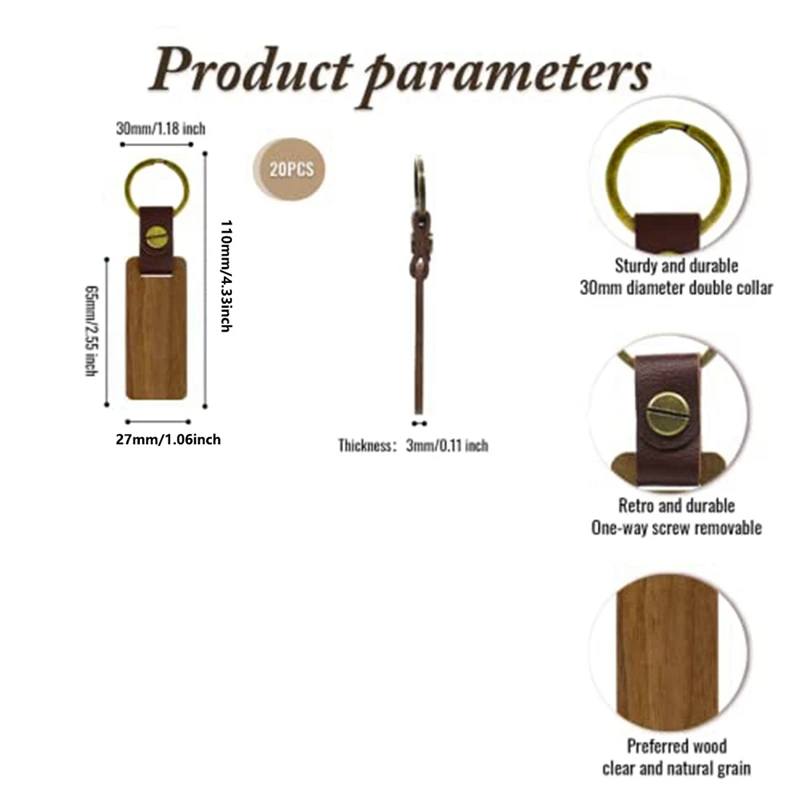 20 PCS Unfinished Wood Crafts Rectangle Leather Keychain Blank Wooden Walnut With Keyring For DIY