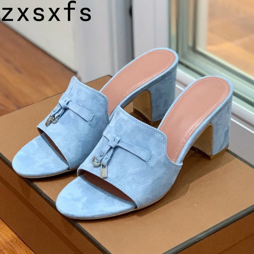 

Classic Quality Kidsuede Chunky Slides For Women OpenToe Metal Lock Tassel Modern Slippers Ladies Block High Heel Sandals Women