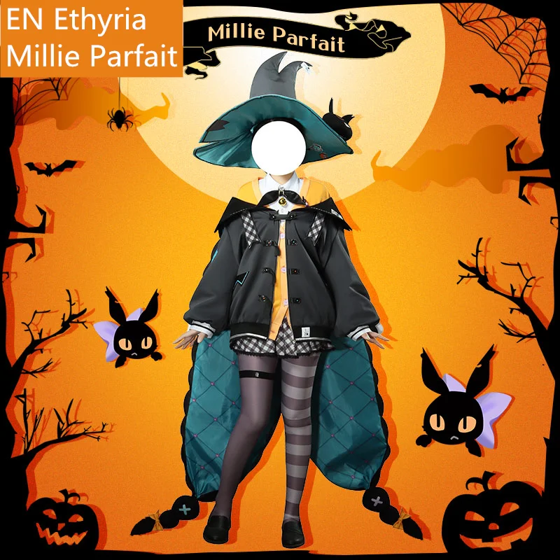 인기 애니메이션 게임 Vtuber Nijisanji EN Ethyria Millie Parfait 코스프레 의상 멜빵 귀여운 정장 모자, 크리스마스 할로윈 역할 놀이