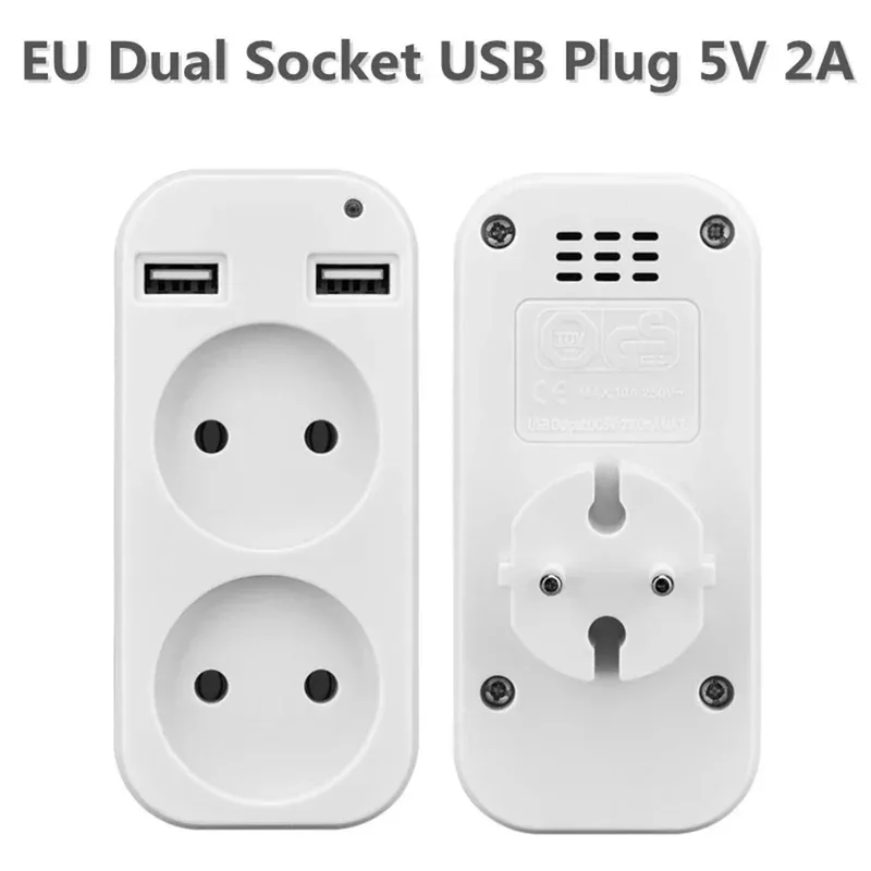 EU Plug Power Strip Adapter Wall Double AC Socket Portable 2 USB Port 1200W 250V For Smartphones Tablets
