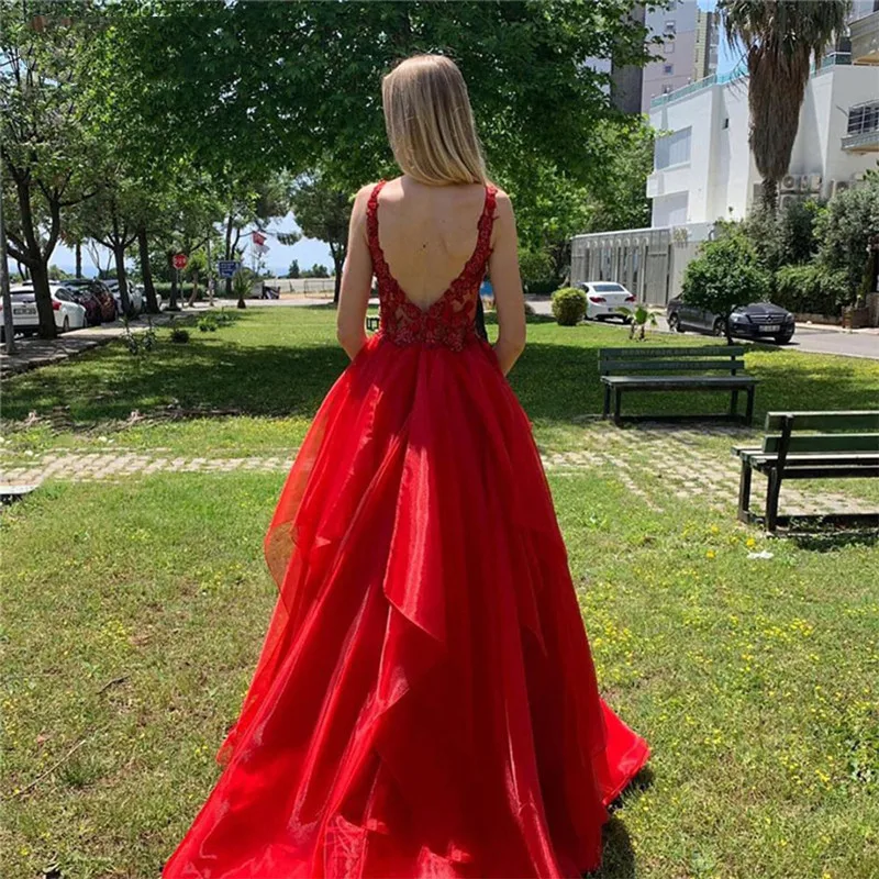 Red Organza Ruffles Prom Dresses V Neck Lace Applique Sexy Backless Robe De Soiree A Line Bride Special Occasion Wear Vestidos rose gold prom dress