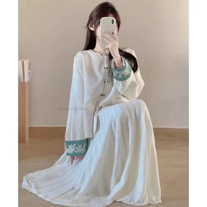 Autumn New Vintage Chinese Style Stand Collar Dragon Print Silk Shirt Women's Long Coat Embroidery Tangsuits Coat