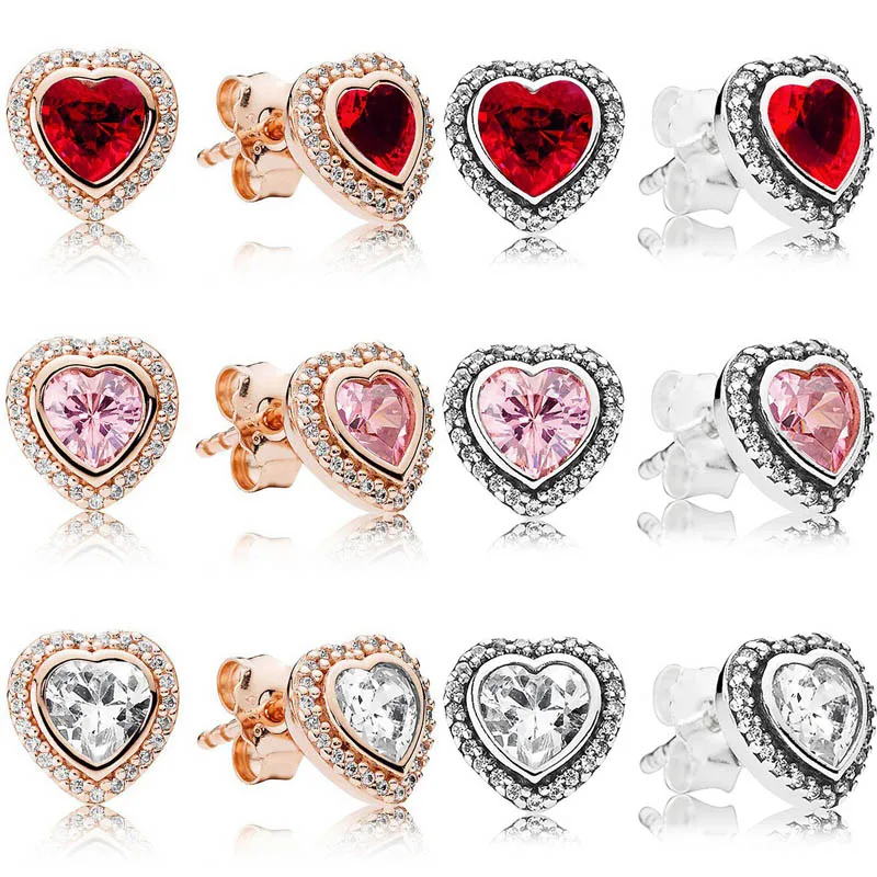 

Authentic 925 Sterling Silver Earring Sparkling Rose Love Heart With Red Crystal Stud Earring For Women Gift Fashion Jewelry