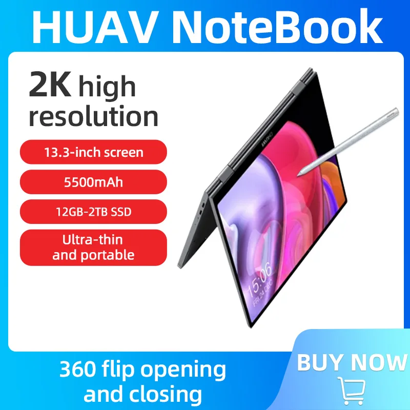 

HUAV 2024 Original Laptop 13.3-inch 360% Flipped Ultra Light 2K Touch Screen 16G Running 2TSSD Intel N4120 Windows 10 11 Laptop