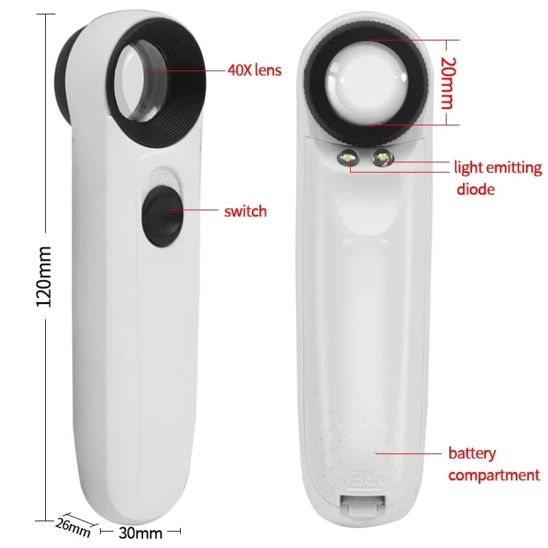 LED 조명 휴대용 돋보기, 쥬얼리 루페, 눈 렌즈, 시계 수리 도구, 회로 기판, 21mm, 40X