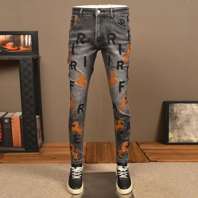High Street Fashion Men Jeans Retro Black Gray Stretch Slim Fit Vintage Jeans Men Embroidery Designer Hip Hop Denim Pants Hombre