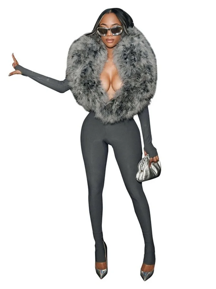 Wmstar Jumpsuit for Women Wholesale Sexy Open Deep V Neck Feather Patchwork Solid Color Long Sleeved Hooded One Piece Outfits