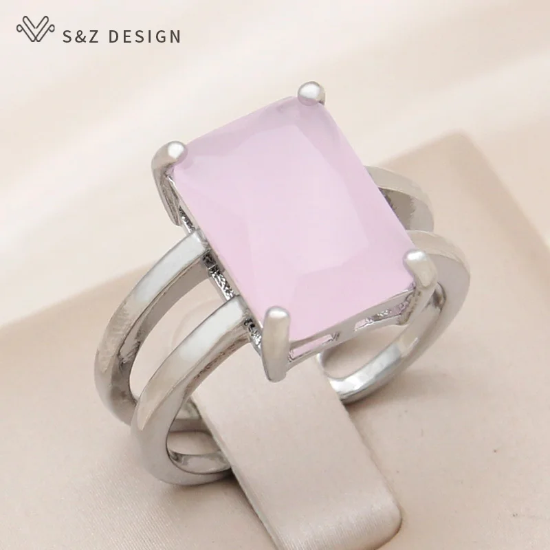 S&Z DESIGN New Stylish Rectangle Crystal Adjustable Rings For Women Wedding Party 585 Rose Gold Color Simple Jewelry Gift