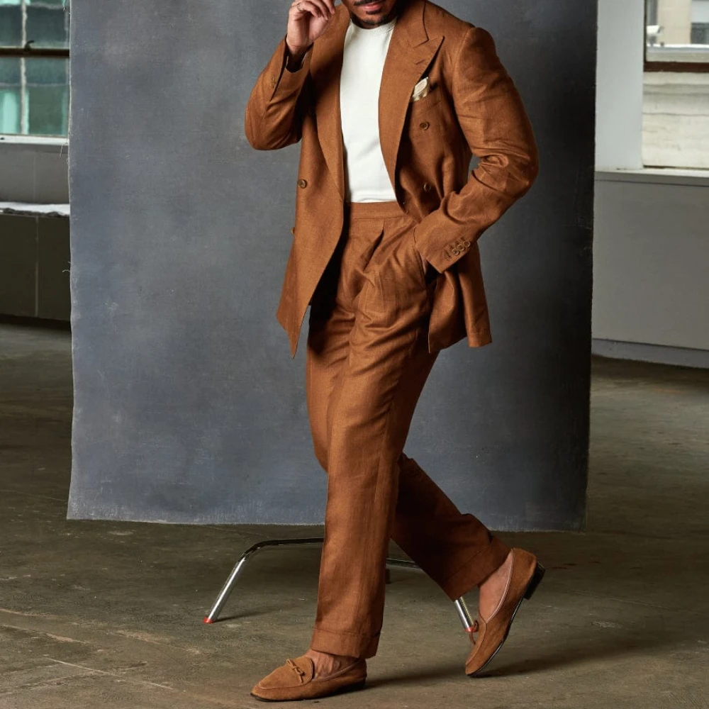 2024 Fashion Summer Linen Elegant Men Suit Casual Slim Fit Blazer Double Breasted High Quality Custom 2 Piece Set Costume Homme