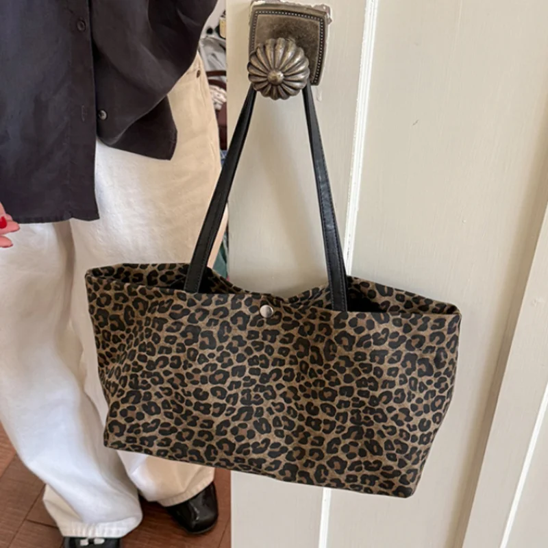 Borsa a Tracolla con Stampa Leopardata per Donne, Borsa Vintage di Grande Capacità, Borsa Casual per Shopping e Pendolarismo, Borsa a Tracolla Quotidiana in Tela - immagine 2