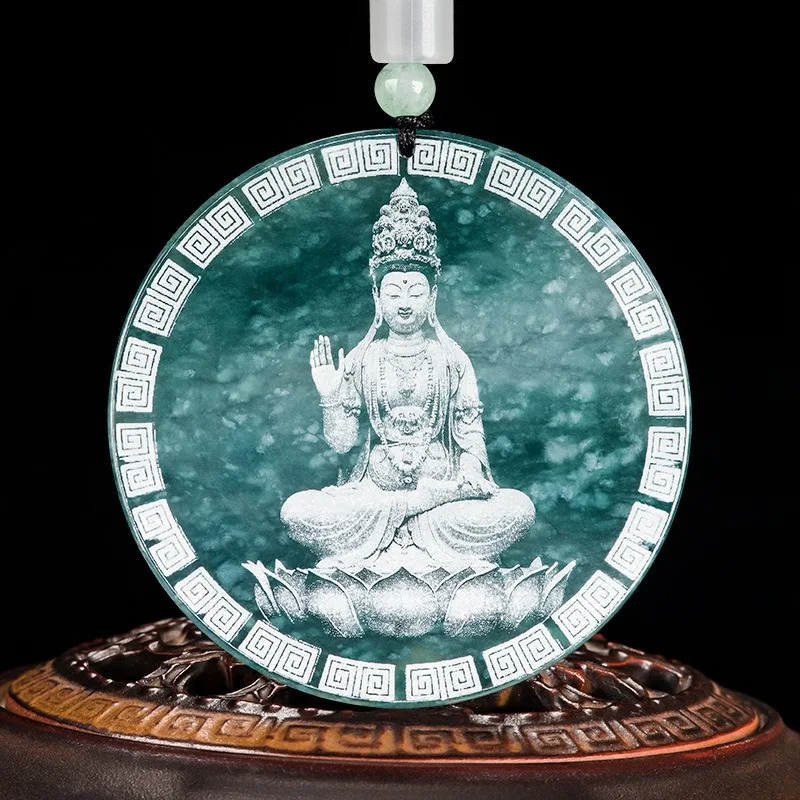 

Shadow-carved Natural Burmese Blue Emerald Guanyin Buddha Pendant Necklace Fashion Jewelry Jadeite Charm Amulet Gifts for Women