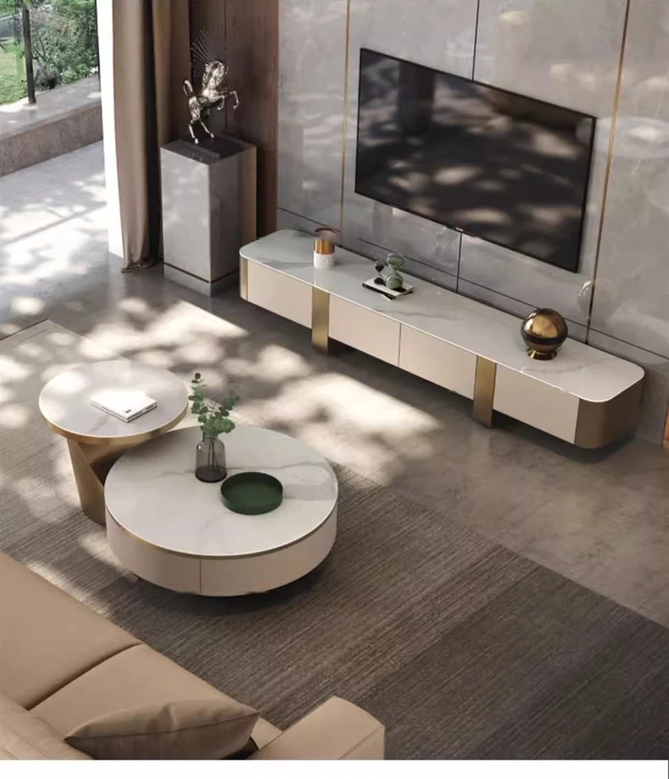 Description Picture 5 of item2pcs Modern Gold White Round Marble Slab Coffee Table Set Wooden Furniture Luxury Center Table For The Living Room