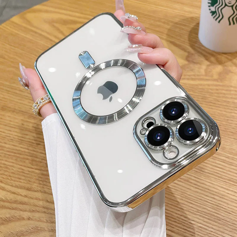 

Luxury Wireless Charge Magsafe Phone Case For iPhone 15 14 13 12 11 Pro Max XR X XS Max Transparent Case With Lens Protector