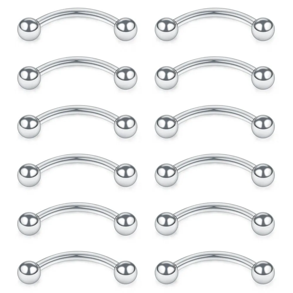 WKOUD 12PCS 16G Stainless Steel Curved Barbell Eyebrow Tragus Helix Ear
