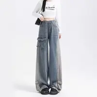 High Waist Wide Leg Workwear Jeans Women's Autumn New Style Pocket Design Slim Straight Cut Jeans Casual Street Style