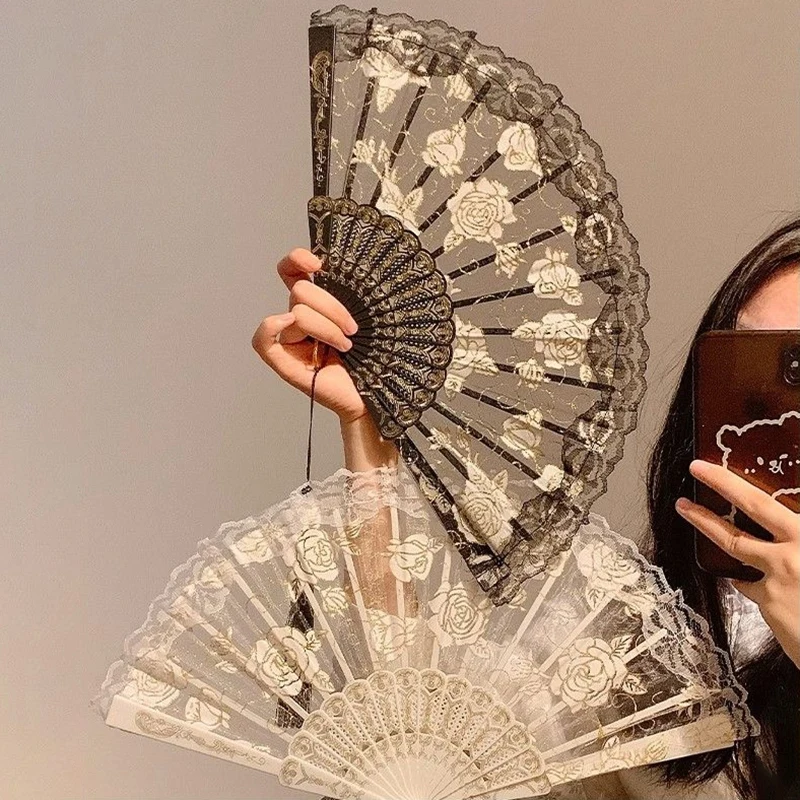Folding Fan Lace Flower Decor Chinese Style Fan Hand Held Anitque Art Craft Japnese Summer Female Dance Home Party Decoration folding fan hand fan