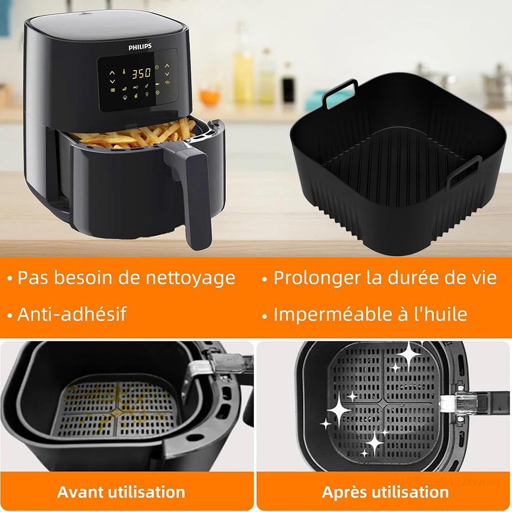 Silicone Air Fryer Liners Mold for 3 to 6QT Reusable Air Fryer Tray Basket for Philips HD9252 HD9200 HD9255 17cm Square 6.7Inch, air fryer liners, air fryer mold, air fryer accessories