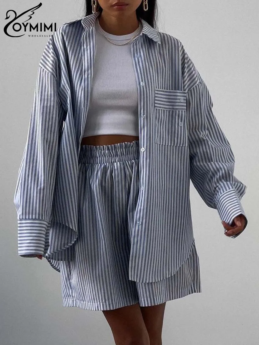 Oymimi Casual Blue Print Set Woman 2 Pieces Elegant Long Sleeve Pockets Shirts And High Waisted Shorts Sets Female Streetwear