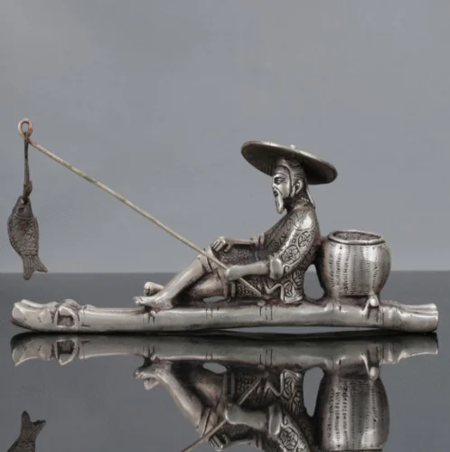 

Old Chinese Tibet Silver Hand Carved Fisherman & His Bamboo Raft Statue