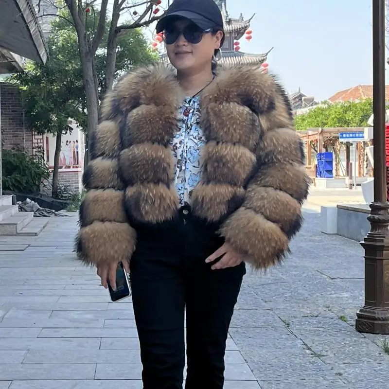 BEIZIRU Custom Women's Real Raccoon Fur Coat Winter Long Sleeve