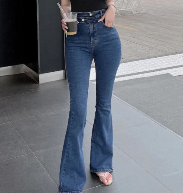 Korean INS Internet celebrity Good legs PRO design sense retro high waist 2 button skinny jeans women micro long pants