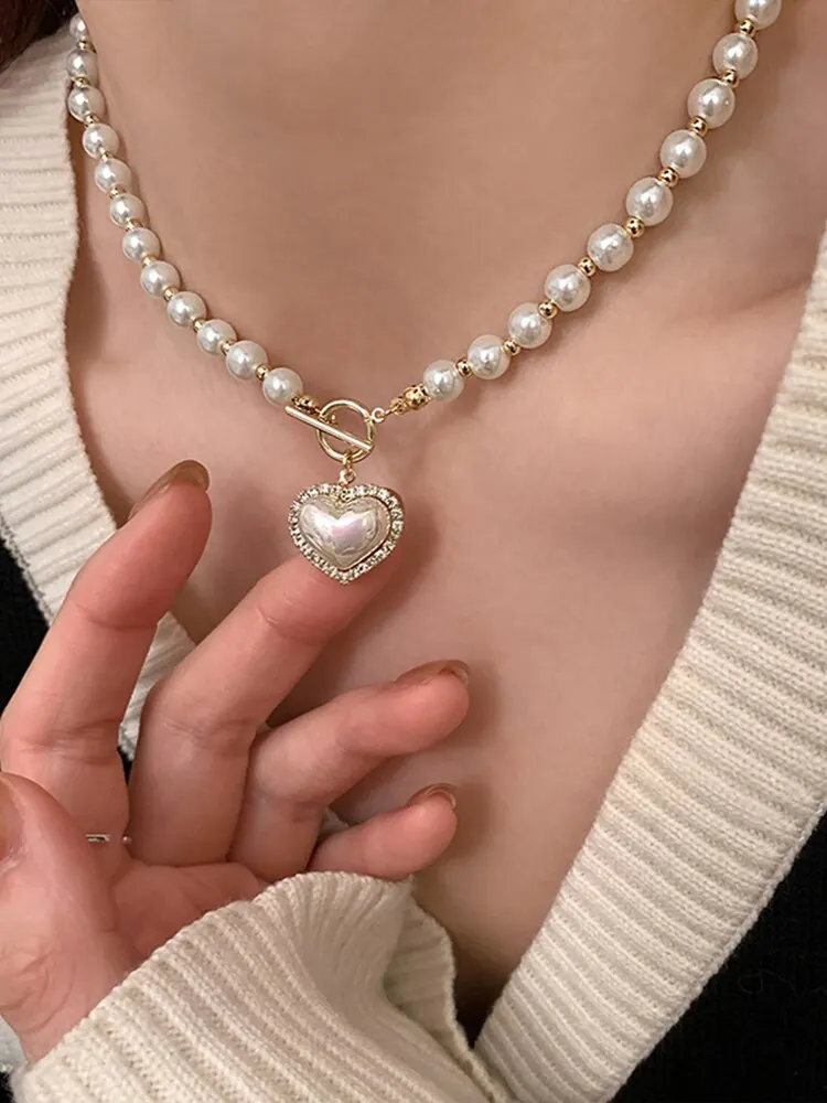S090c92940fe8483fafb237fd25150fc2q Elegant Pearl Necklace for Women Heart Pendant Necklaces Luxury Imitation Pearls Chain Necklaces Korean Jewelry Girls Gifts Mallzona